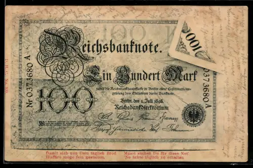 AK Berlin, Geldschein über einhundert Mark mit Knick