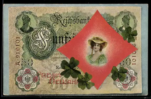 AK Geldschein mit Dame auf Karo-Zeichen, Kleeblätter, Neujahrsgruss