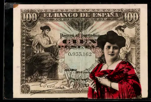 AK Madrid, Geldschein und elegante Dame