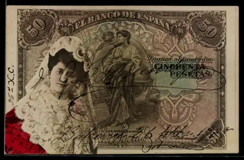 AK Spanischer Geldschein, 50 Pesetas, Elegante Dame mit Schleier