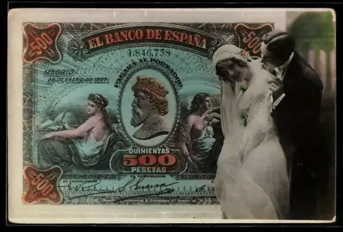 AK Madrid, Geldschein über fünfhundert Peseten und Brautpaar