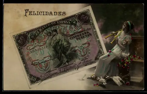 AK Madrid, Geldschein über fünfzig Peseten und Flötenspielerin