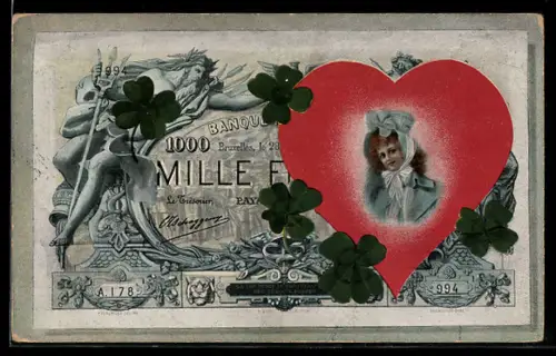 AK Belgischer Geldschein mit Herz und Frauenporträt, Mille Francs