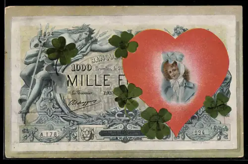 AK Geldschein, geschmückt mit Kleeblättern und dem Portrait einer Dame in einem Herzen