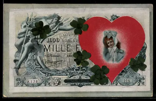 AK Belgischer Geldschein mit Herz und Frauenporträt, Mille Francs