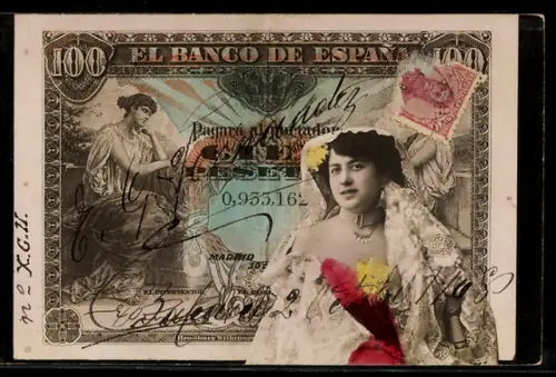 AK Espana, Geldschein und Elegante Dame
