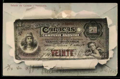AK Carácas, Geldschein durch zerrissenes Papier