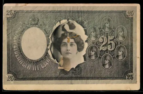 AK Konterfei eine jungen Frau im Geldschein
