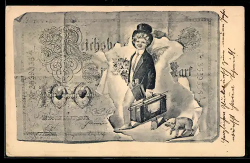 AK Junger Mann mit Koffer durch zerrissenen Gelschein