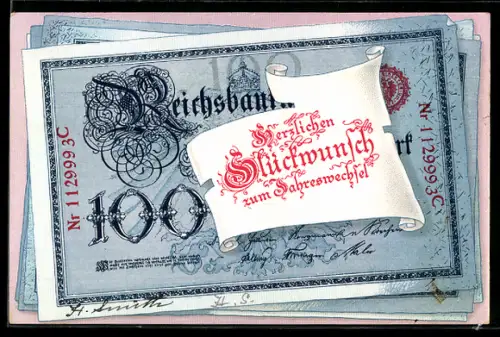 AK Berlin, Geldschein über einhundert Mark, Neujahrsgruss