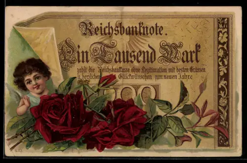 AK Reichsbanknote Englein unter Geldschein über 1000 Mark mit Rosen