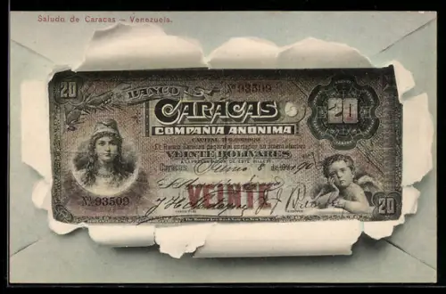 AK Carácas, Geldschein durch zerrissenen Umschlag