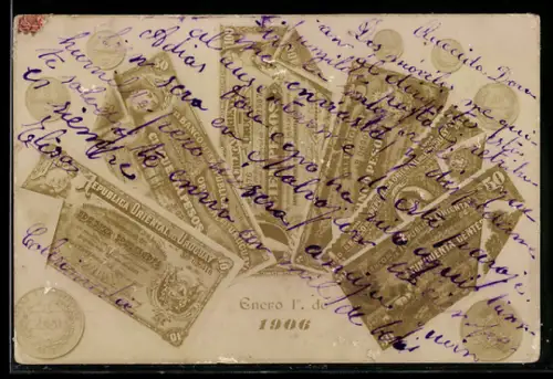 AK Uruguay, Geldscheine- und Münzen