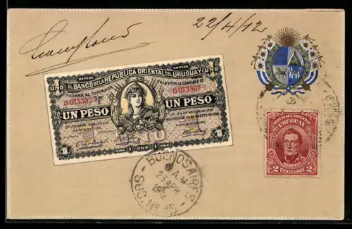 Präge-AK Uruguay, Geldschein über einen Peso, Wappen