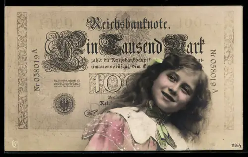 AK Kleines Mädchen mit einer 1000 Mark Reichsbanknote