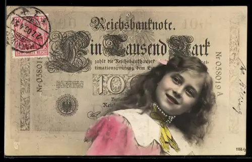 AK Kleines Mädchen mit einer 1000 Mark Reichsbanknote