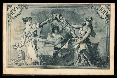 AK Fräulein mit Puppe in einem Geldschein