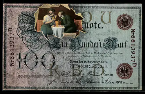 AK Einhundert Mark Note mit Sekt trinkendem Paar