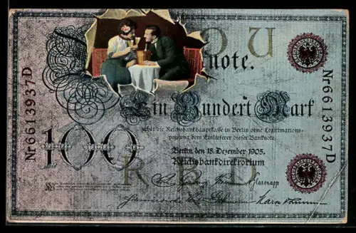 AK Einhundert Mark Note mit Sekt trinkendem Paar