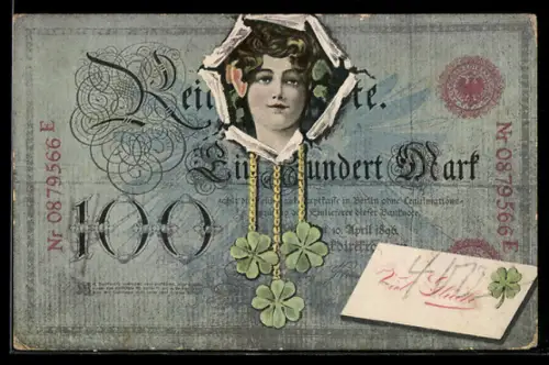 AK Reichsbanknote 100 Mark, Portrait junge Frau, drei Kleeblätter