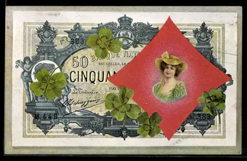 AK Banknote mit Damenporträt und Kleeblättern