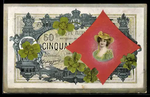 AK Banknote mit Damenporträt und Kleeblättern