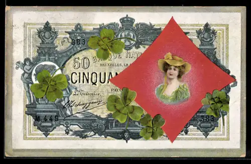 AK Banknote mit Damenporträt und Kleeblättern