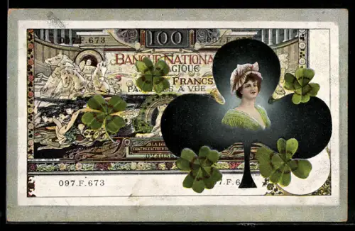 AK Belgische Bankote mit Damenporträt und Klee