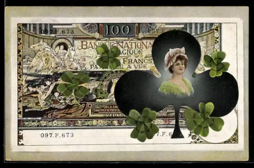 AK Belgische Bankote mit Damenporträt und Klee