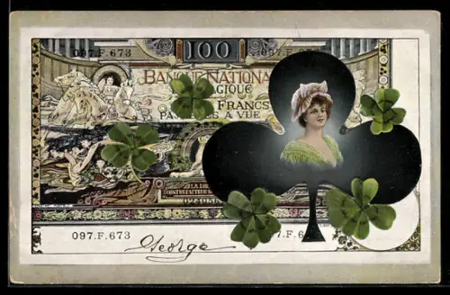 AK Belgische Bankote mit Damenporträt und Klee