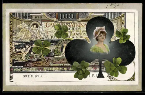 AK Belgische Bankote mit Damenporträt und Klee