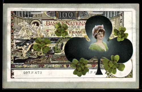 AK Belgische Bankote mit Damenporträt und Klee