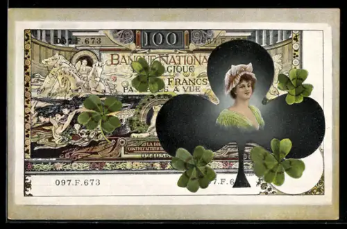 AK Belgische Bankote mit Damenporträt und Klee