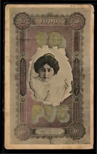 AK Russische Banknote über 10 Rubel, Portrait junge Frau, Geld
