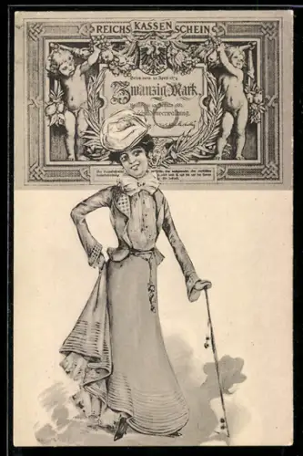 AK Reichskassenschein zu 20 Mark, Elegante Dame mit Hut, Geld