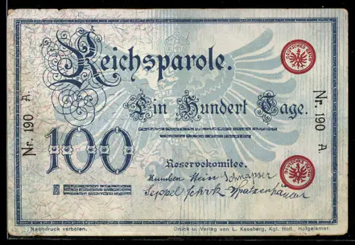 AK Reichsbanknote, Reichsparole Einhundert Tage, Geld