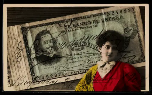 AK Spanische Banknote zu 25 Pesetas, Portrait junge Frau, Geld