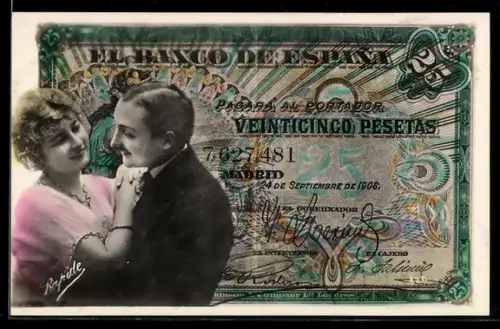 AK Spanische Banknote zu 25 Pesetas, Junges Paar in Zweisamkeit, Geld