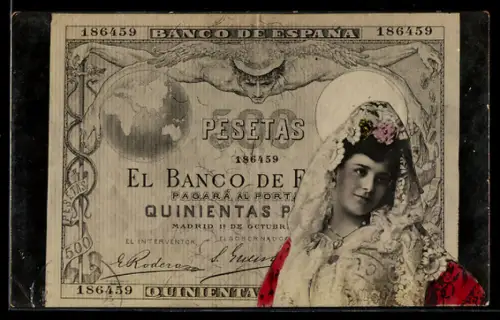 AK Spanische Banknote über 500 Pesetas, Frau in Tracht, Geld