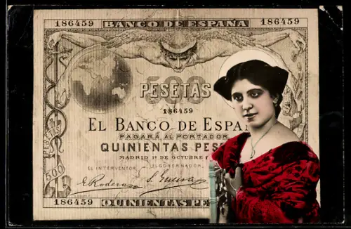AK Spanische Banknote über 500 Pesetas, Junge Frau in Tracht, Geld