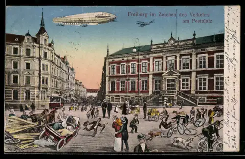 AK Freiberg, Postplatz mit hohem Verkehrsaufkommen, Automobile, Fahrradfahrer, Strassenbahn, Zeppelin