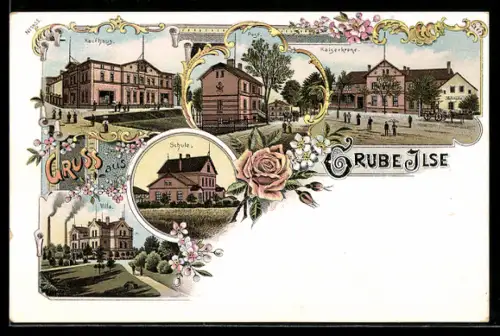 Lithographie Grube Ilse, Kaufhaus, Kaiserkrone, Postamt, Villa, Schule