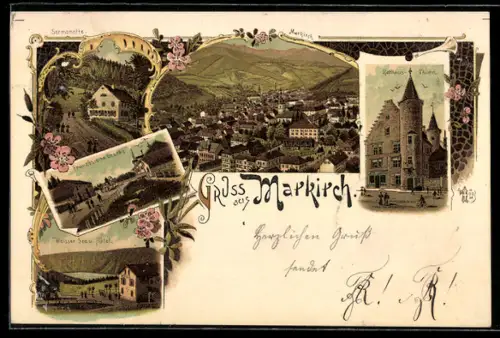 Lithographie Markirch, Ortsansicht, Rathausturm, Sermonette, französische Grenze, Weisser See u. Hotel