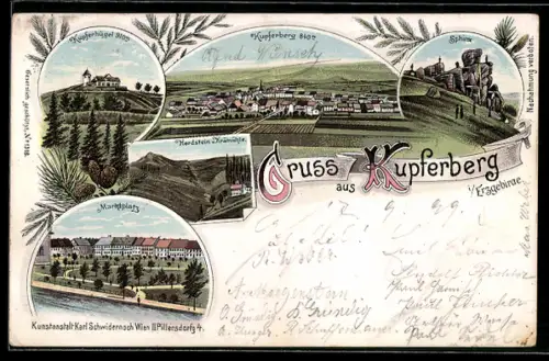 Lithographie Kupferberg i. Erzgebirge, Ortsansicht, Kupferhügel, Marktplatz, Sphinx, Herdstein