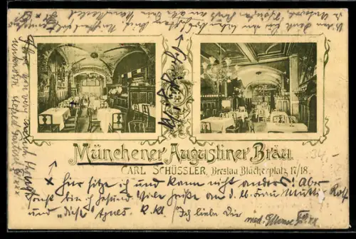AK Breslau, Restaurant Münchener Augustiner Bräu, Carl Schüssler, Blücherplatz 17/18, Innenansichten