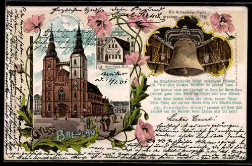 Lithographie Breslau, Maria Magdalenen-Kirche, Armesünder-Glocke, gegossen 1386, ehemalige Glockengiesserei