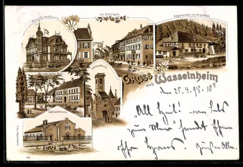 Lithographie Wasselnheim, Villa Dr. Hoffmann, Sägemühle, Schlachthaus