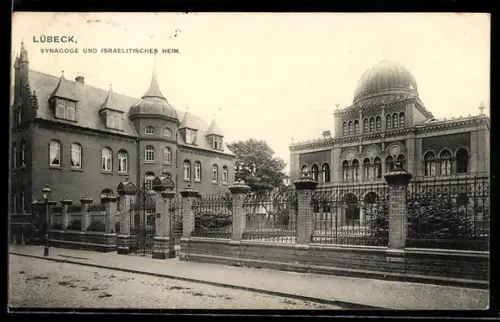 AK Lübeck, Blick auf Synagoge und Israelitisches Heim