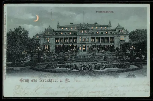 AK Frankfurt-Westend, Palmengarten mit leuchtenden Fenstern und Mondsichel, Halt gegen das Licht