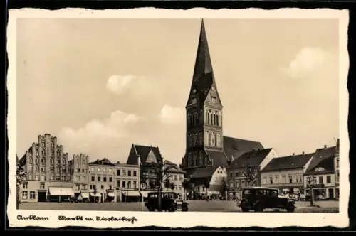 AK Anklam, Markt und Nicolaikirche, Geschäfte von M. Goldstein and Carl Treelz